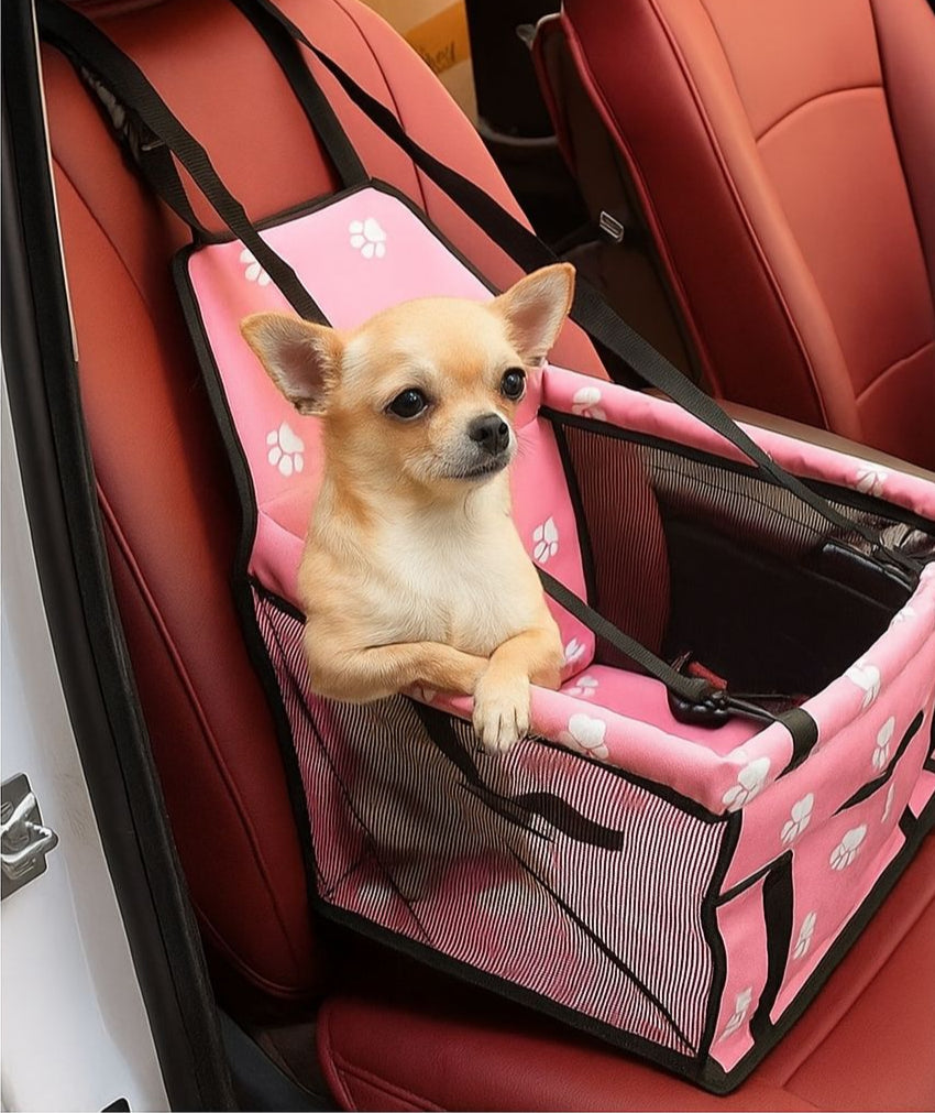 Yorkshire terrier sitting in a pink travel dog car seat.